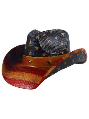 STRAW COWBOY HAT - American Flag Pattern with Bronze Star Band (Adult Size)